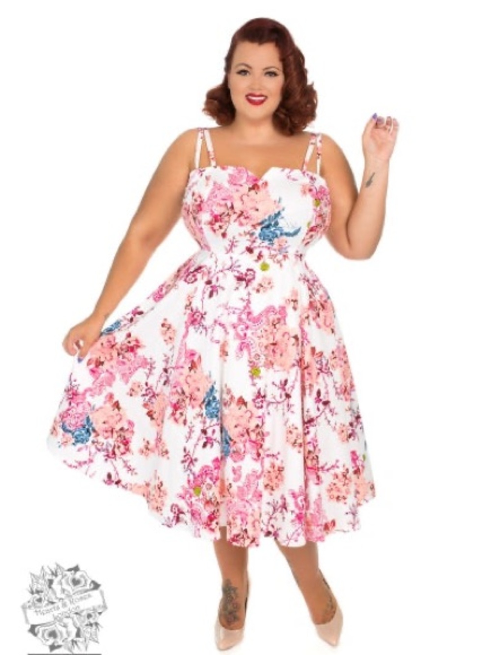 Floral White Midi Swing Dress with Pink Accents — Plus Size Pinup 50's